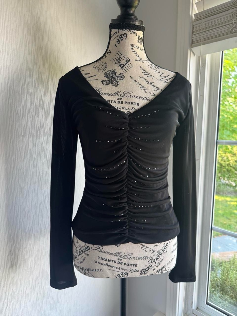 JS Collections Black Ruched V-Neck Long Sleeve Top with Rhinestone Accents